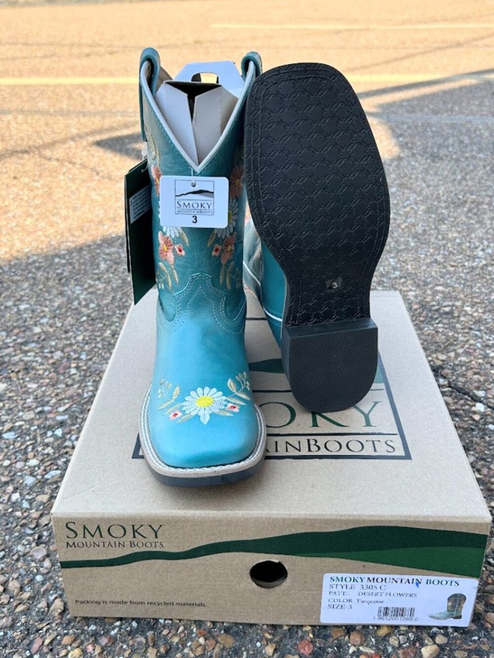 Children's Desert Flowers Design Turquoise Leather Square Toe Boots Size 3